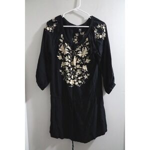 Lucky Brand Black Embroidered‎ Tunic Dress Bohemian Floral Small